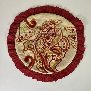 Two Pier 1 Round Boho Ruffle Pillow Set Red Polka Dot Embroidered Floral Design